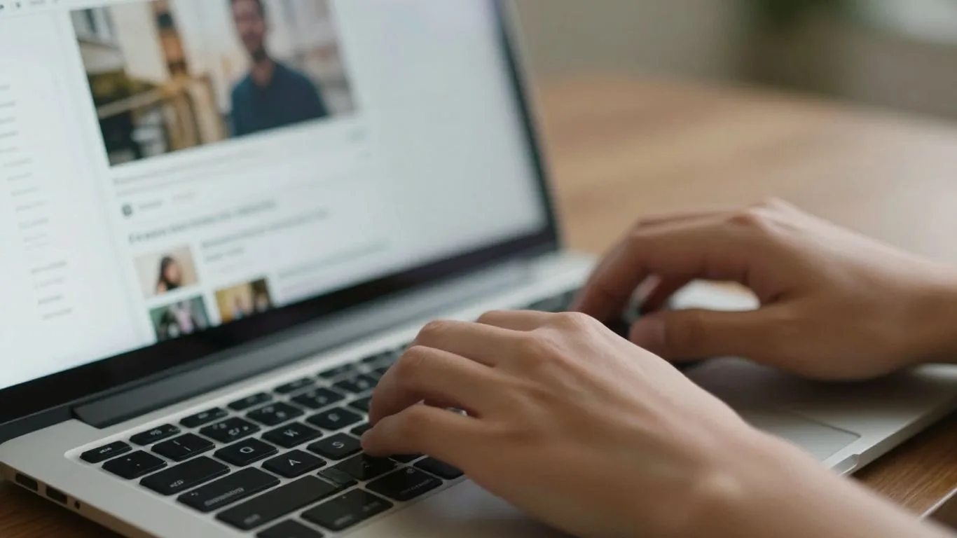 Hands typing on a laptop keyboard, editing a post.