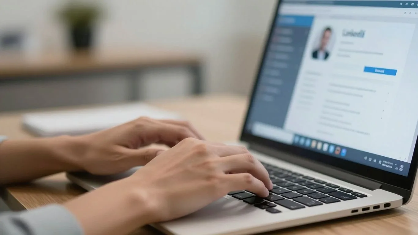 Person using LinkedIn search on a laptop.