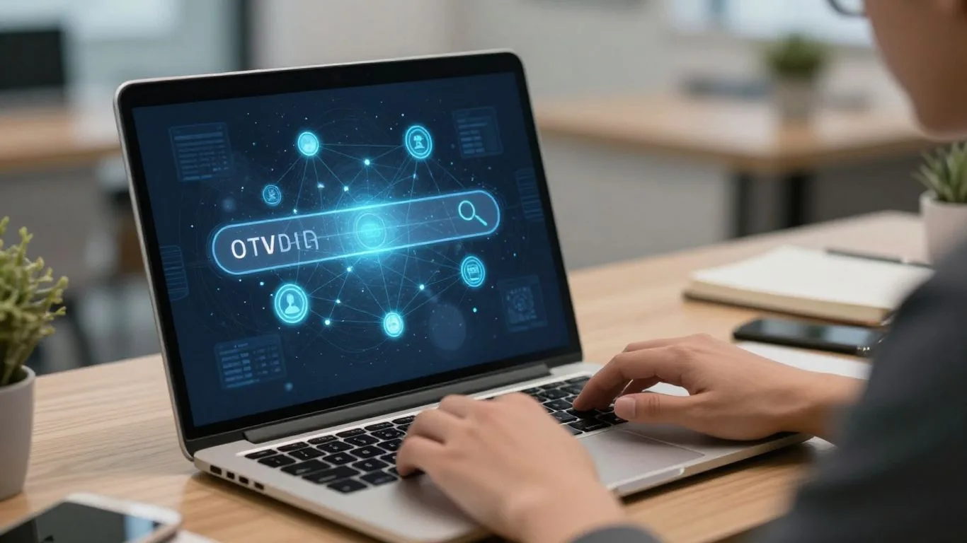 Person using laptop with abstract search interface on screen.