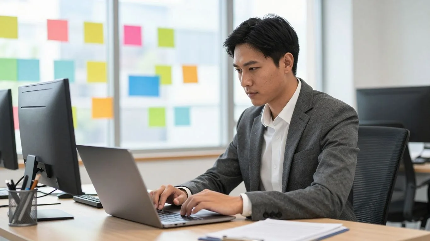 Professional using laptop with colorful slides in background