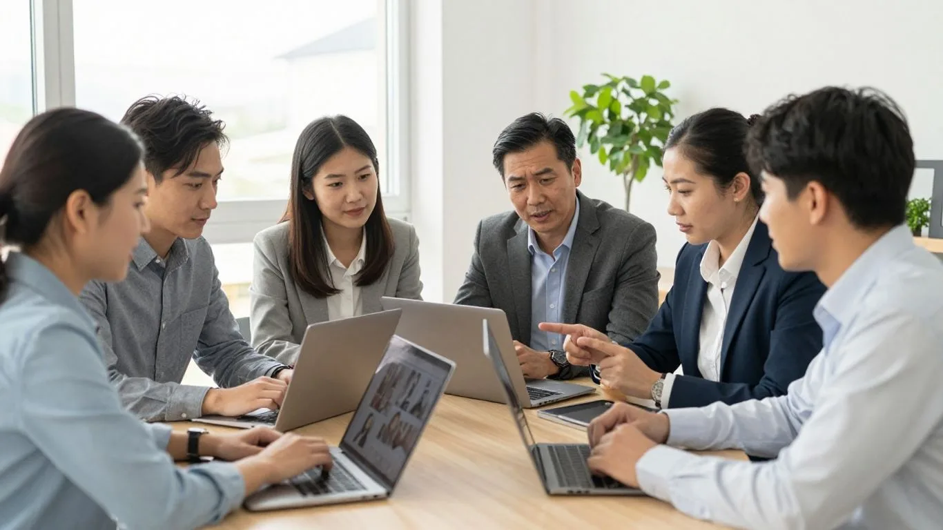 Professionals collaborating in modern office, discussing digital slides.