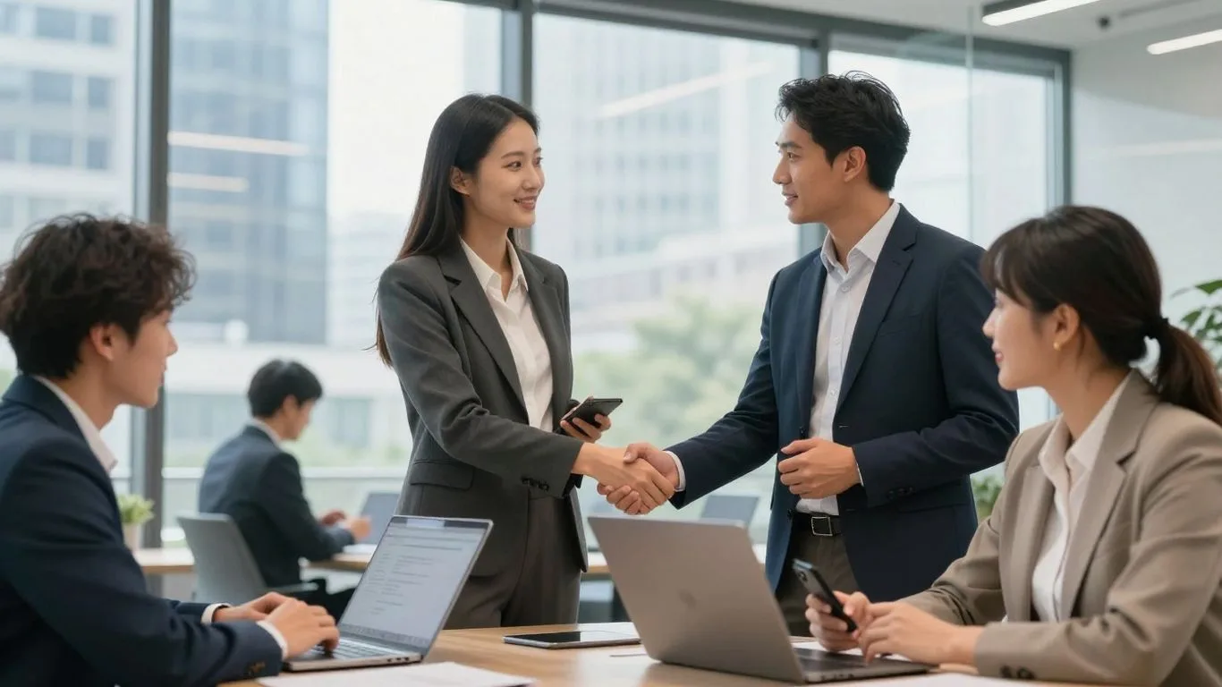 Business professionals networking in modern office environment.