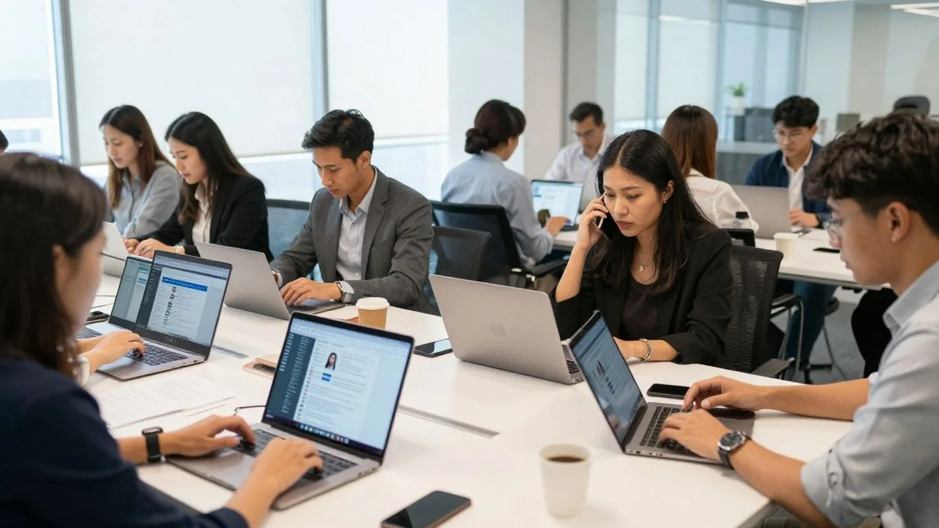 Professionals networking and engaging on LinkedIn in an office
