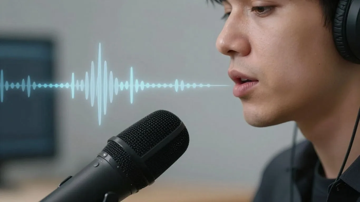 Person speaking into microphone with sound waves
