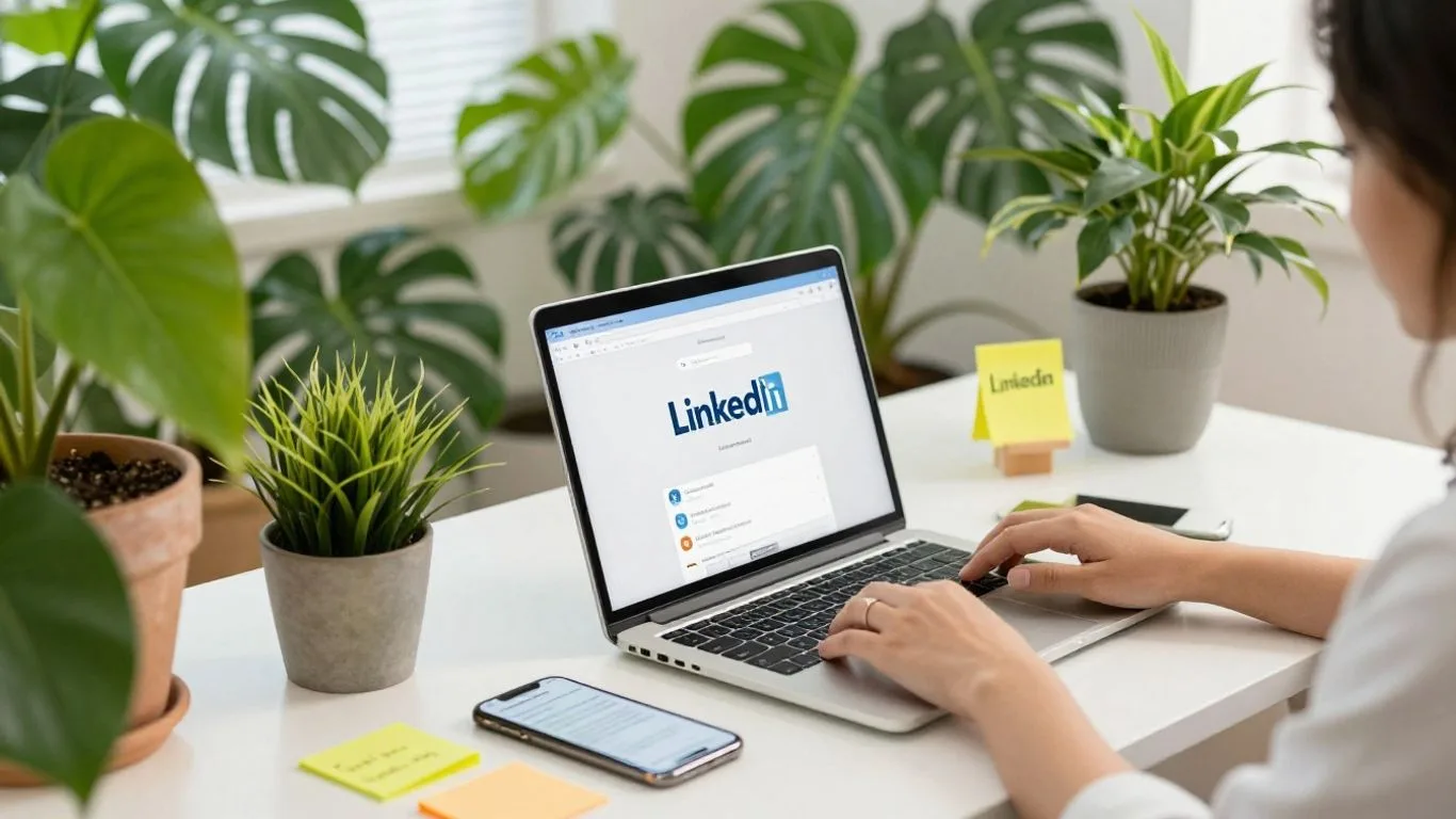 Person working on LinkedIn with laptop and phone