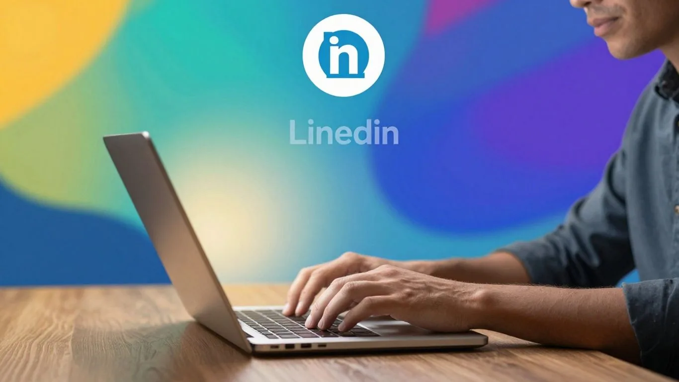 LinkedIn profile with person creating content on laptop.