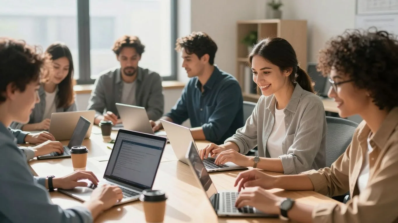 Professionals engaging with devices, connecting and collaborating.