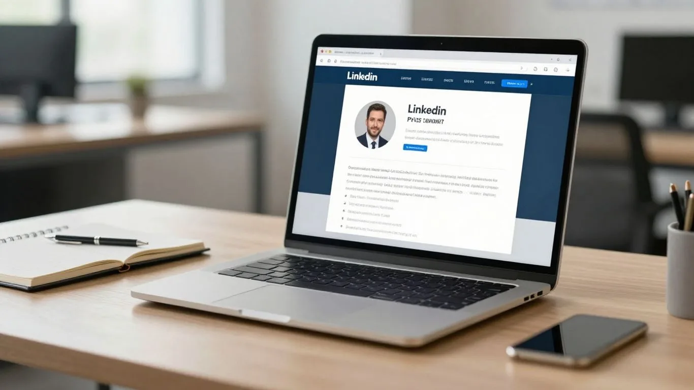 Laptop showing a business LinkedIn profile page.