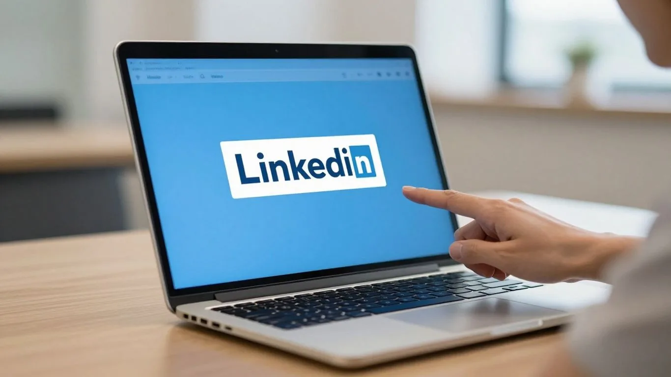 LinkedIn business page setup on a laptop.